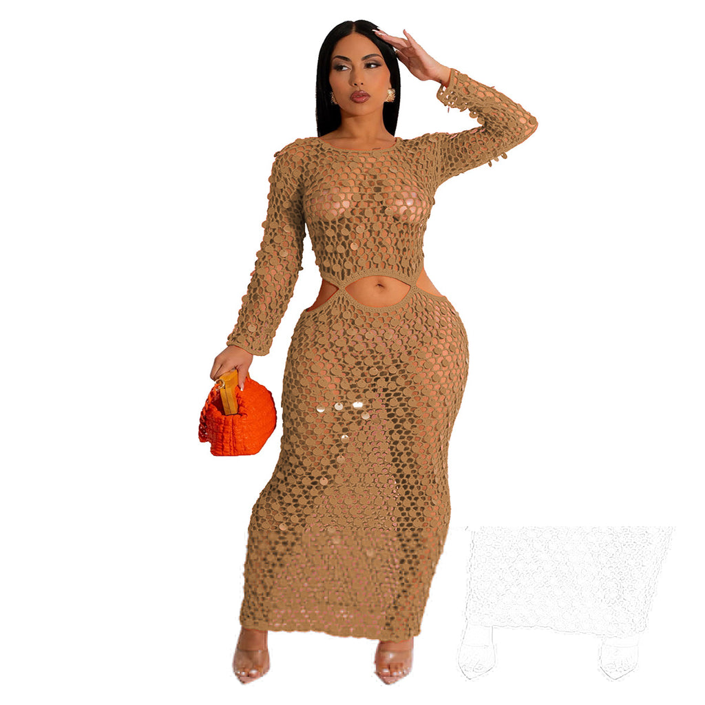 Women’s sequined knit two-piece set, long-sleeve crop top and midi skirt, gold tone