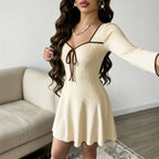 Women's Apricot V-Neck Lace A-Line Dress