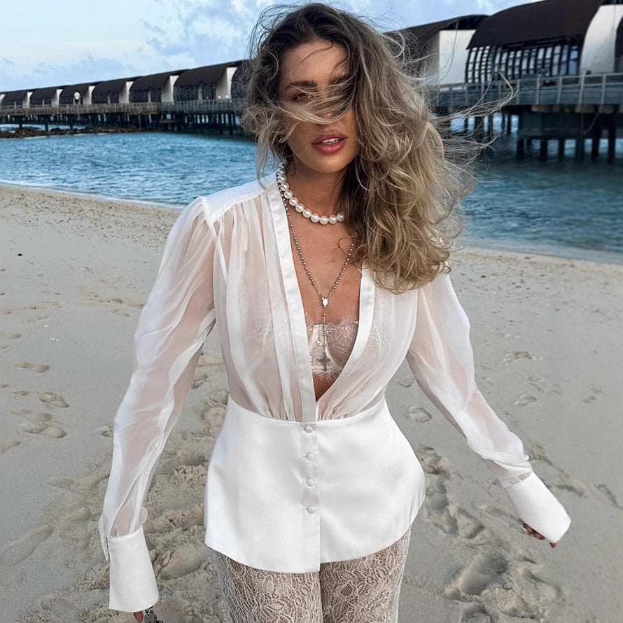 Women's Deep V-Neck Long Sleeve Blouse