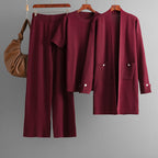 Autumn Winter Short-Sleeve Shirt Mid Length Cardigan Coat Wide Leg Pants Three-Piece Set
