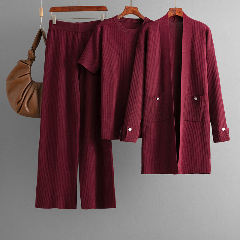 Autumn Winter Short-Sleeve Shirt Mid Length Cardigan Coat Wide Leg Pants Three-Piece Set