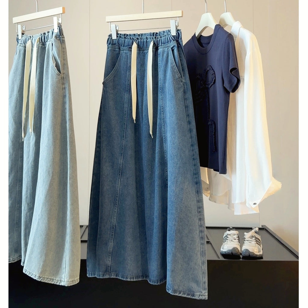 Autumn EW Drawstring Denim Skirt Women HW Slimming Cover A