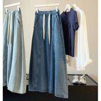 Autumn EW Drawstring Denim Skirt Women HW Slimming Cover A