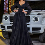 Women's V-Neck Chiffon Rhinestone Ruffle Backless Long-Sleeve A-Line Maxi Dress