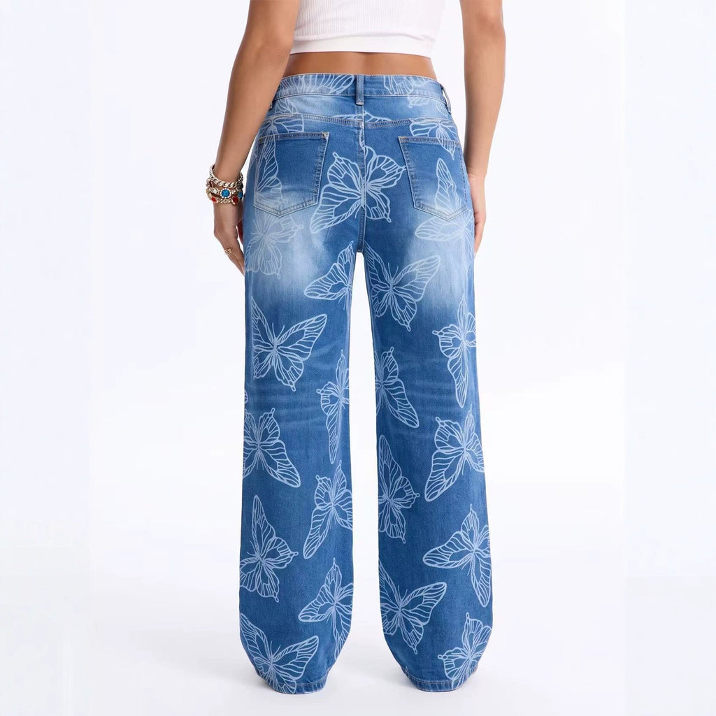 Women's Butterfly-Print High-Waist Straight Jeans