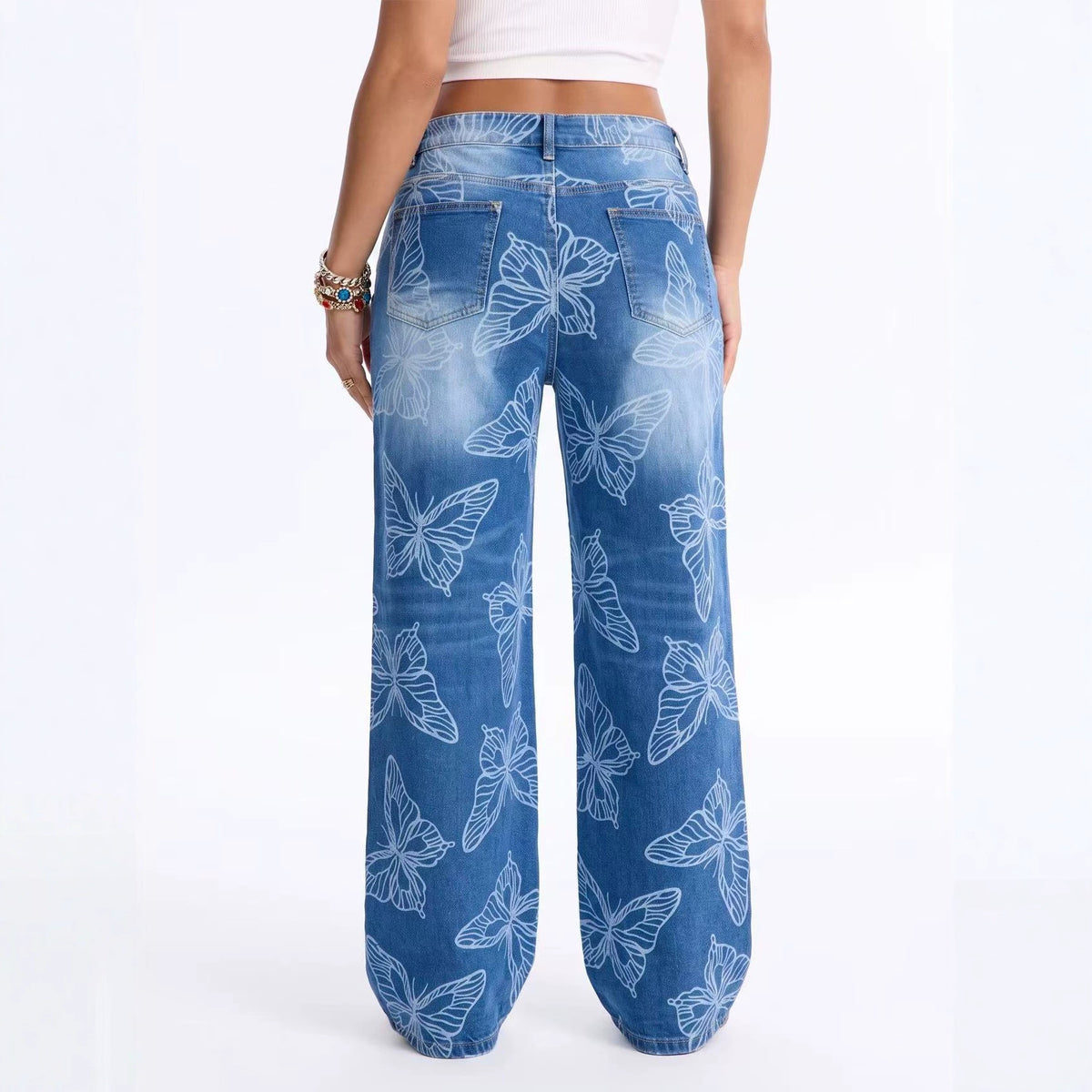 Women's Butterfly-Print High-Waist Straight Jeans