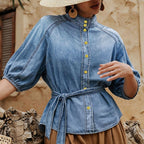 Women's Cropped Denim Stand-Collar Puff Sleeve Shirt