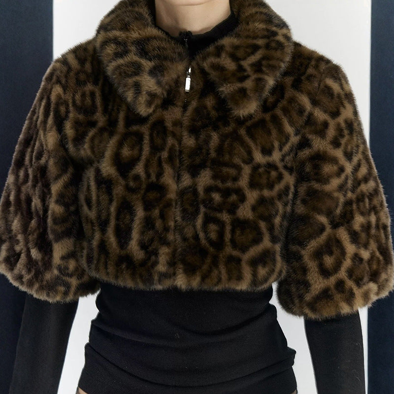 Autumn Winter Graceful Fashionable Collared Leopard Zipper Fur Short Jacke