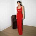 Women's Retro French Black Dress Halter Cut Out Advanced Sexy Inner Wear Spring Bandage One Piece Dress