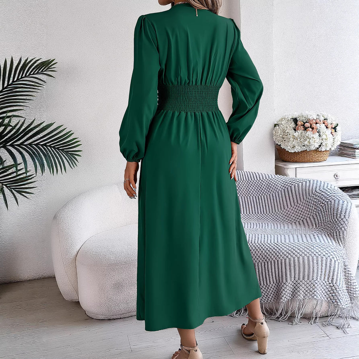 Women's Smocked V-Neck Maxi Dress