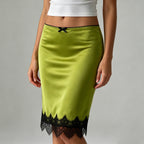 Elegant Graceful Women Satin Skirt Lace Stitching Contrast