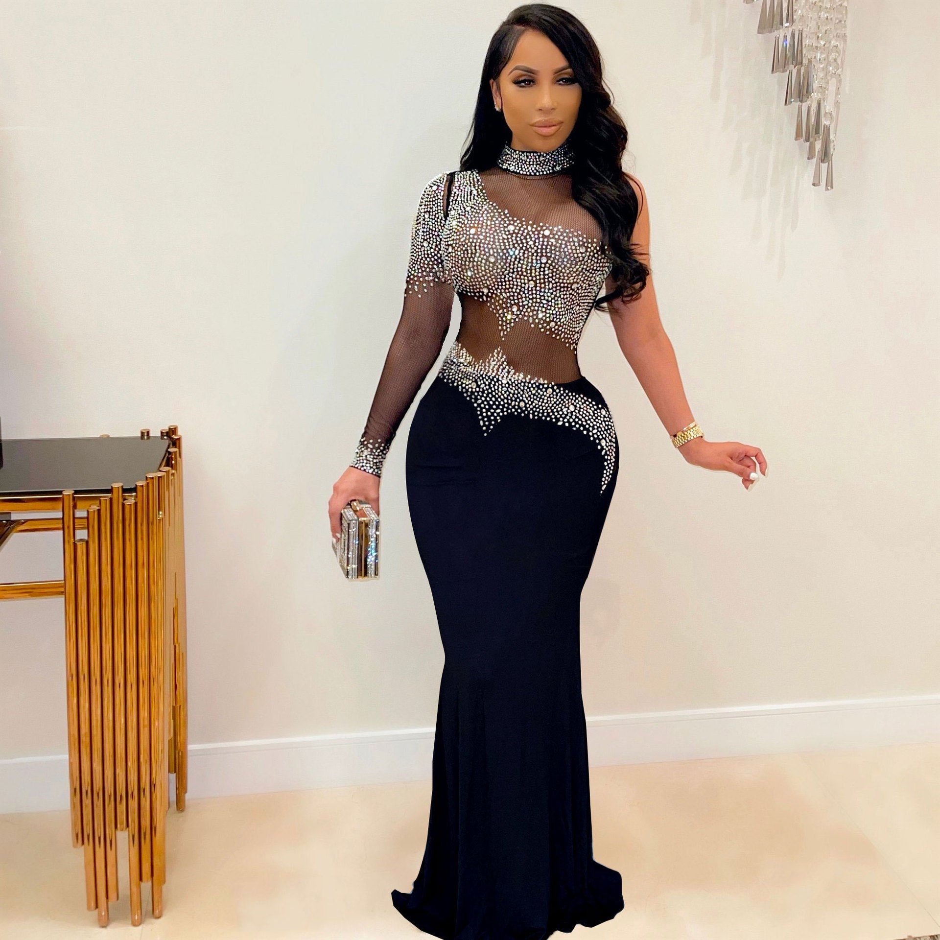 Women's Sexy Rhinestone Mesh Slim Fit Dress Nightclub