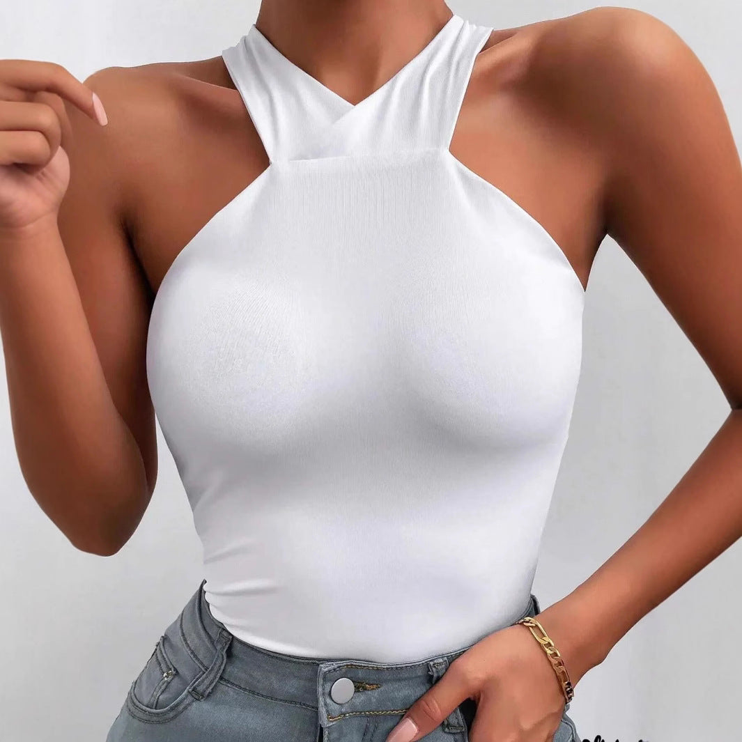 Women's Simple Cross T Shirt Backless Short Top