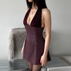 Women Clothing Fall Sexy V neck Low Cut Halter Backless Faux Leather Stitching Dress