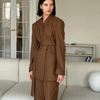 Women Spring Autumn Striped High Grade V neck Long Sleeved Belt Top Wide Leg Pants Two Piece Set