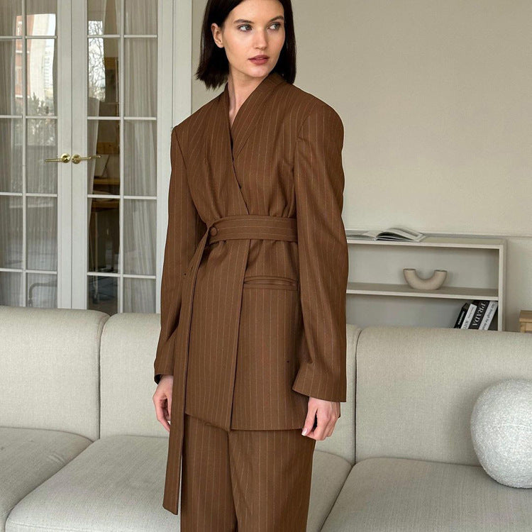 Women Spring Autumn Striped High Grade V neck Long Sleeved Belt Top Wide Leg Pants Two Piece Set