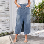 Split-Hem Denim Midi Skirt