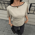 Summer Daily Office All Matching Lace up Design Short Sleeve round Neck Slim Fit Slimming Fashionable Top