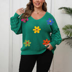 Plus Size Women Sweater Women Pineapple Sleeve Stitching Deep V Plunge Bottoming Shirt Three Dimensional Wool Embroidery Floral Patchwork Top