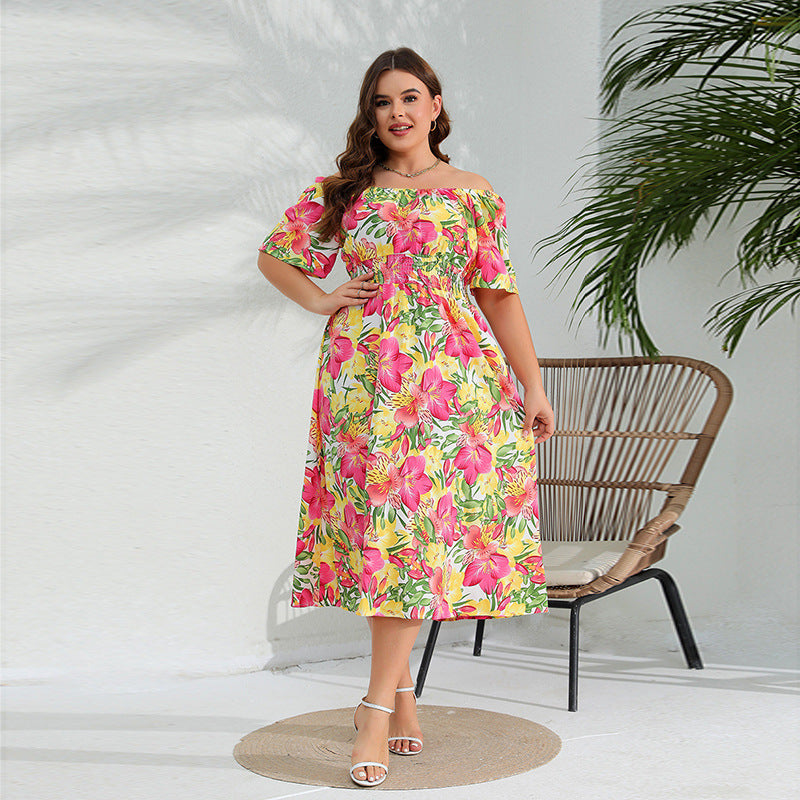 Plus Size Western Off-Shoulder Elegant Floral Midi Tight Waist Dress