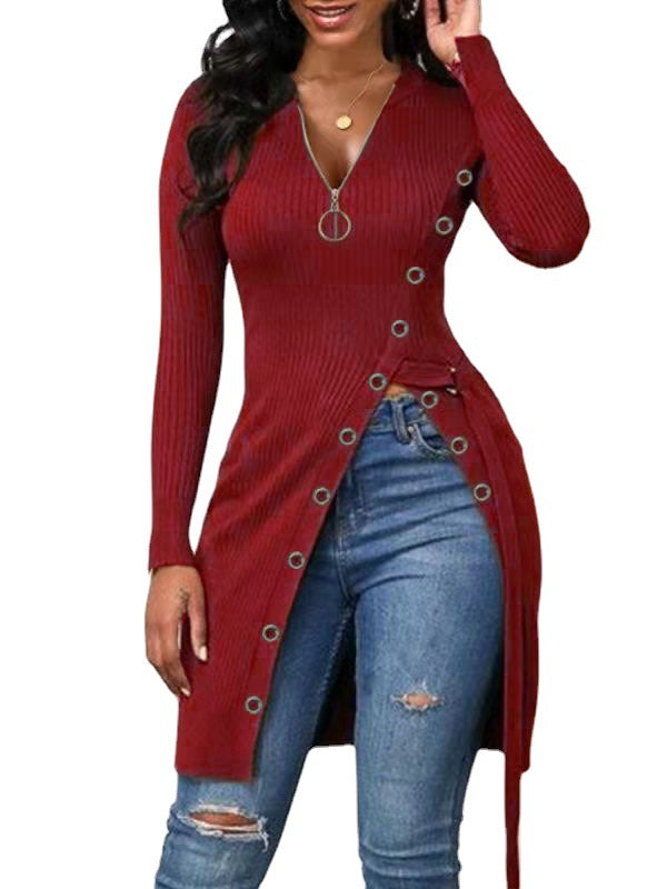 Women's V-Neck Long Sleeve High Slit Thread Zipper T-Shirt