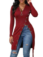 Women's V-Neck Long Sleeve High Slit Thread Zipper T-Shirt
