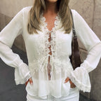 Elegant Pure Lace Chiffon Patchwork Tie Neck Flared Sleeves