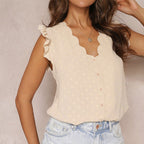 Fresh Gentle Solid Color Jacquard V neck Flounce Top Women