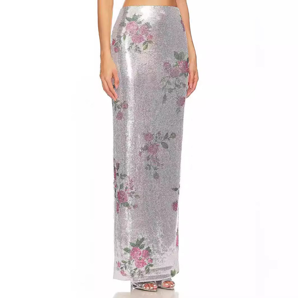 Women's Romantic Vacation Fresh Retro Printed Thin Mesh Skirt Summer Elegant Casual Skirt Sequins