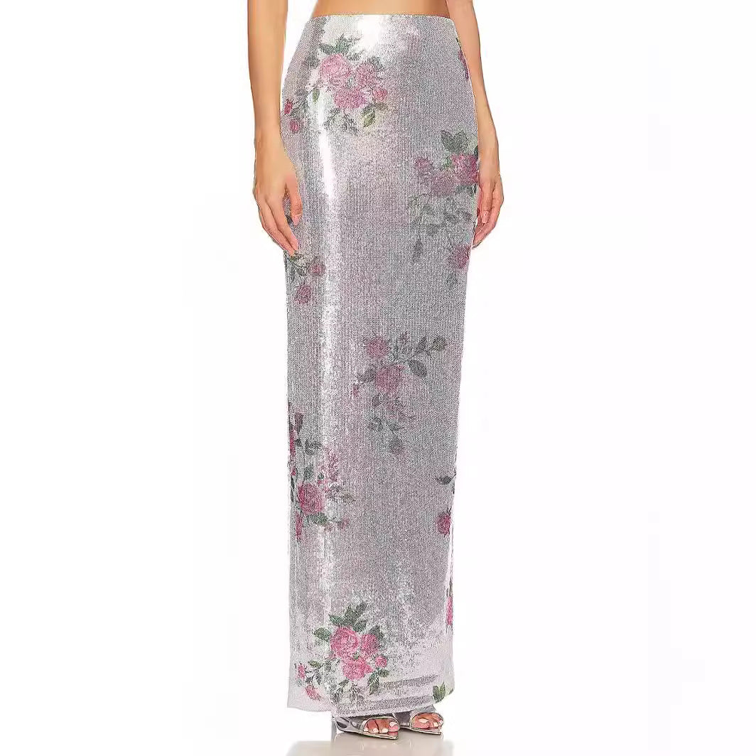 Women's Romantic Vacation Fresh Retro Printed Thin Mesh Skirt Summer Elegant Casual Skirt Sequins