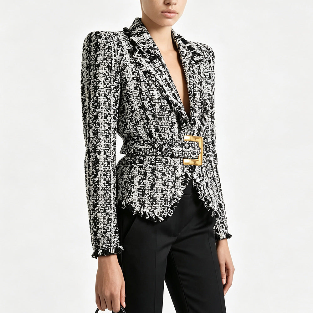 Autumn Winter Stars Slim Fit Belt Fringe Tweed Jacket Coat