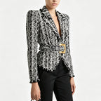 Autumn Winter Stars Slim Fit Belt Fringe Tweed Jacket Coat