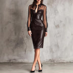 Nightclub Mesh Faux Leather Stitching Slim V-Neck Design Sheath Dress