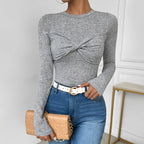 Women's Fall Women Clothing Twist Solid Color Long Sleeved Fitted T Shirt Women