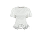 Women’s white fitted top with puff sleeves and scalloped lace irregular hem