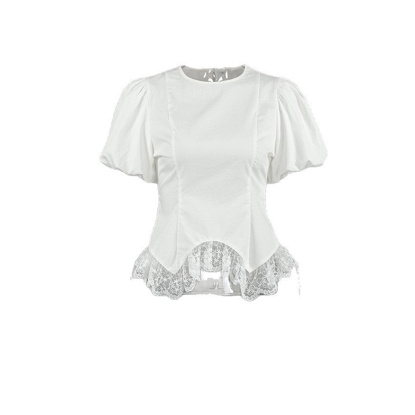 Women’s white fitted top with puff sleeves and scalloped lace irregular hem