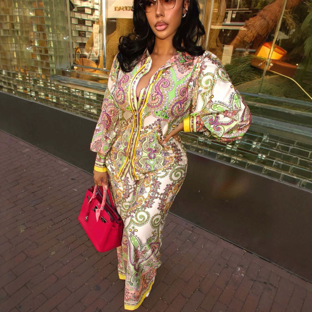 Women's Clothing Long Sleeve Printed Shirt Loose All Matching Trousers Western Two Piece Sets