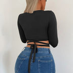Women's Lace-Up Hollow Out Cutout V-Neck Long Sleeve T-Shirt