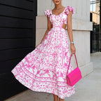 Elegant Padded Shoulder Flying Sleeves Printed Large Dress Maxi