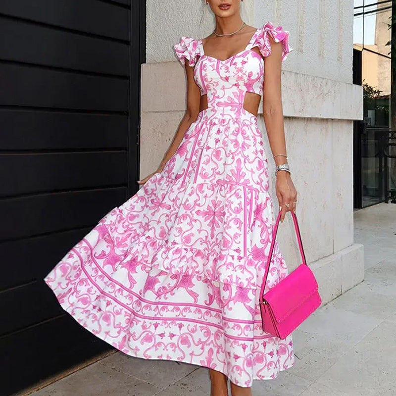 Elegant Padded Shoulder Flying Sleeves Printed Large Dress Maxi