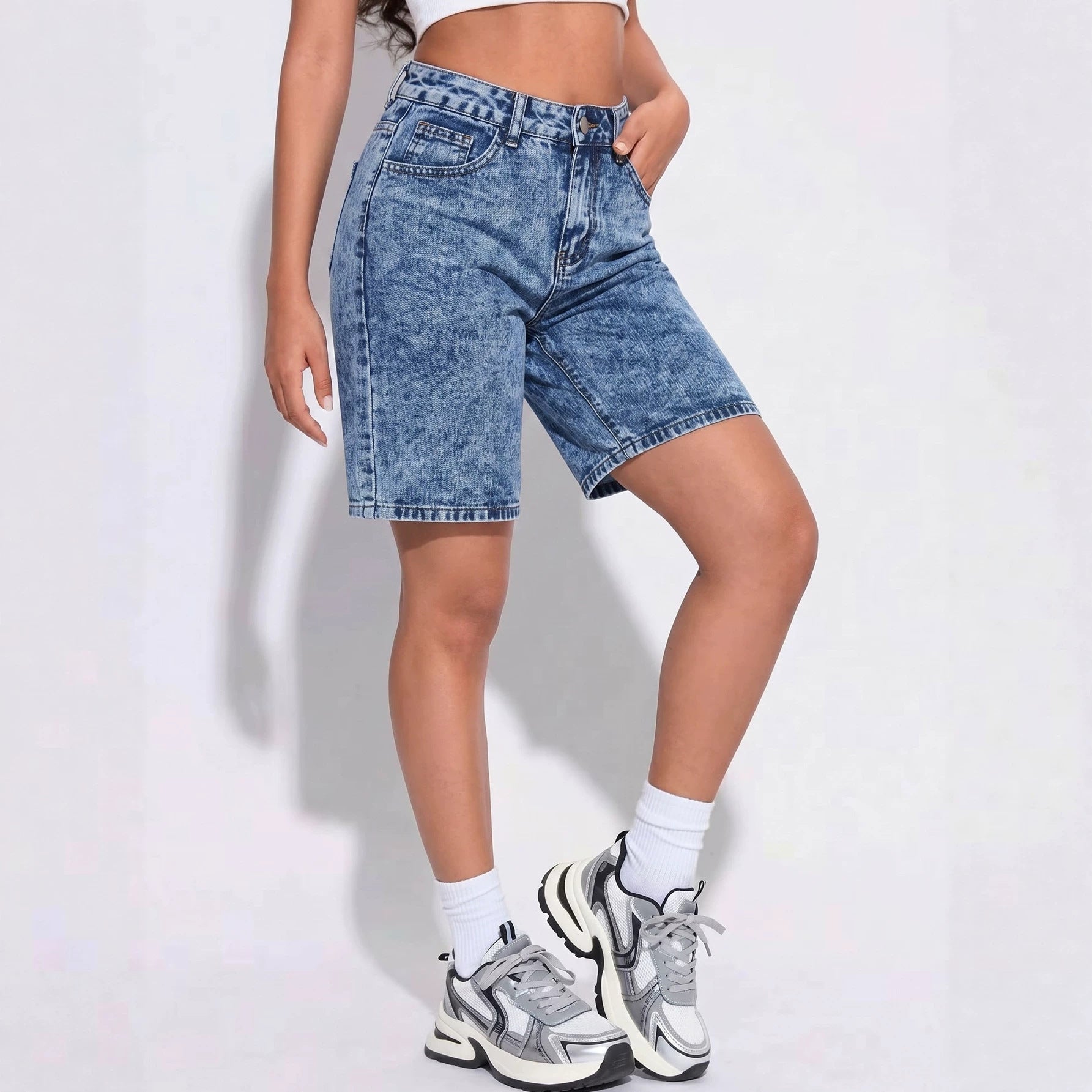 Summer Denim Shorts Women Blue Washed Distressed Loose