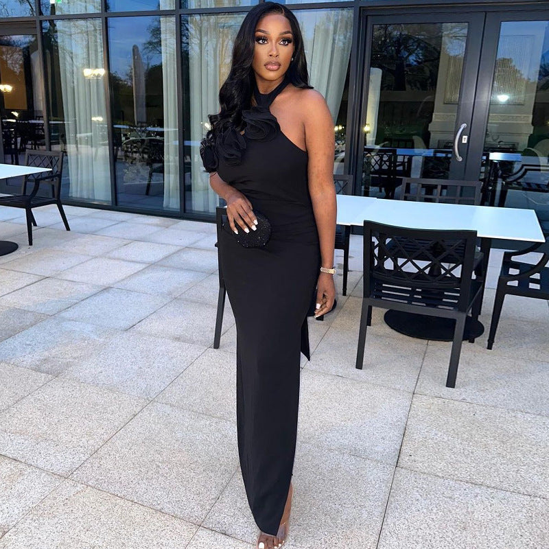 Women's Halter 3D Backless Split Maxi Dress