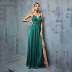 Women's Green Satin Backless Evening Dress