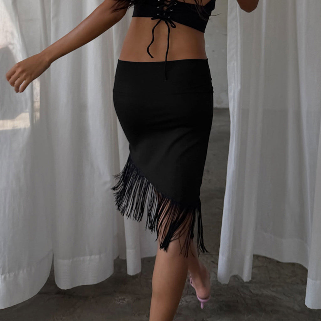 Elegant Sexy Woman Tassel Irregular Asym Low Waist Skirt
