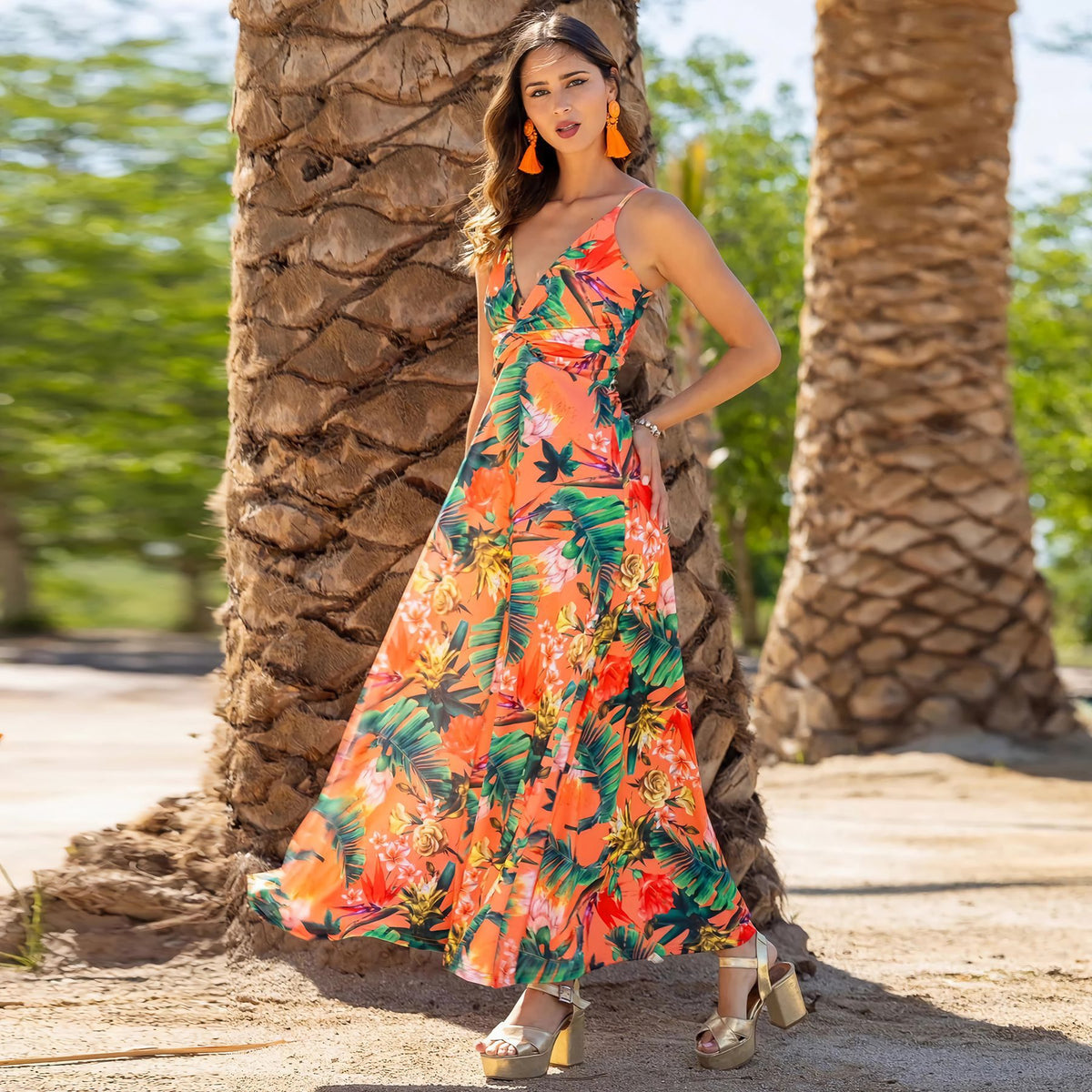 V Neck Floral Print Maxi Dress
