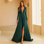 Women's Green V-Neck Long Sleeve Slit Evening Maxi Dress