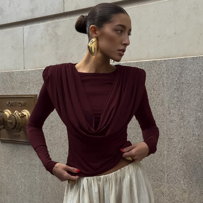 Women's Pleated Waist Tight Swing Collar Long Sleeved T Shirt Women Autumn Winter Beautiful Bottoming Top