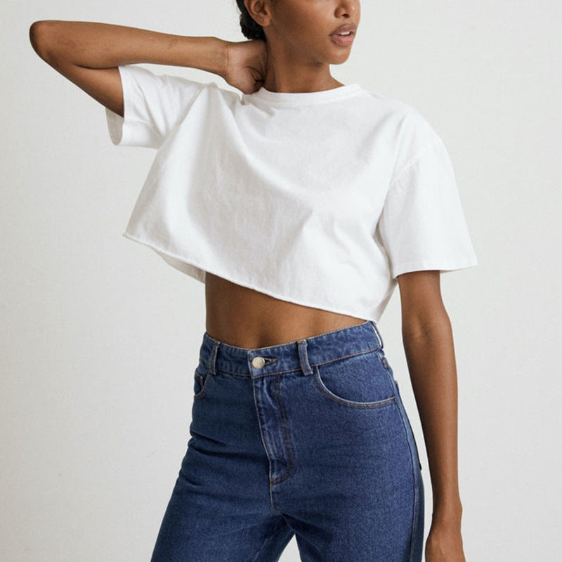 Women's Pure Cotton Solid Color Short Cropped Round Neck Sports