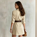 Women's Apricot Belted Shirt Mini Dress