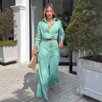 Elegant Long-Sleeve Top & Wide-Leg Pants Two-Piece Set